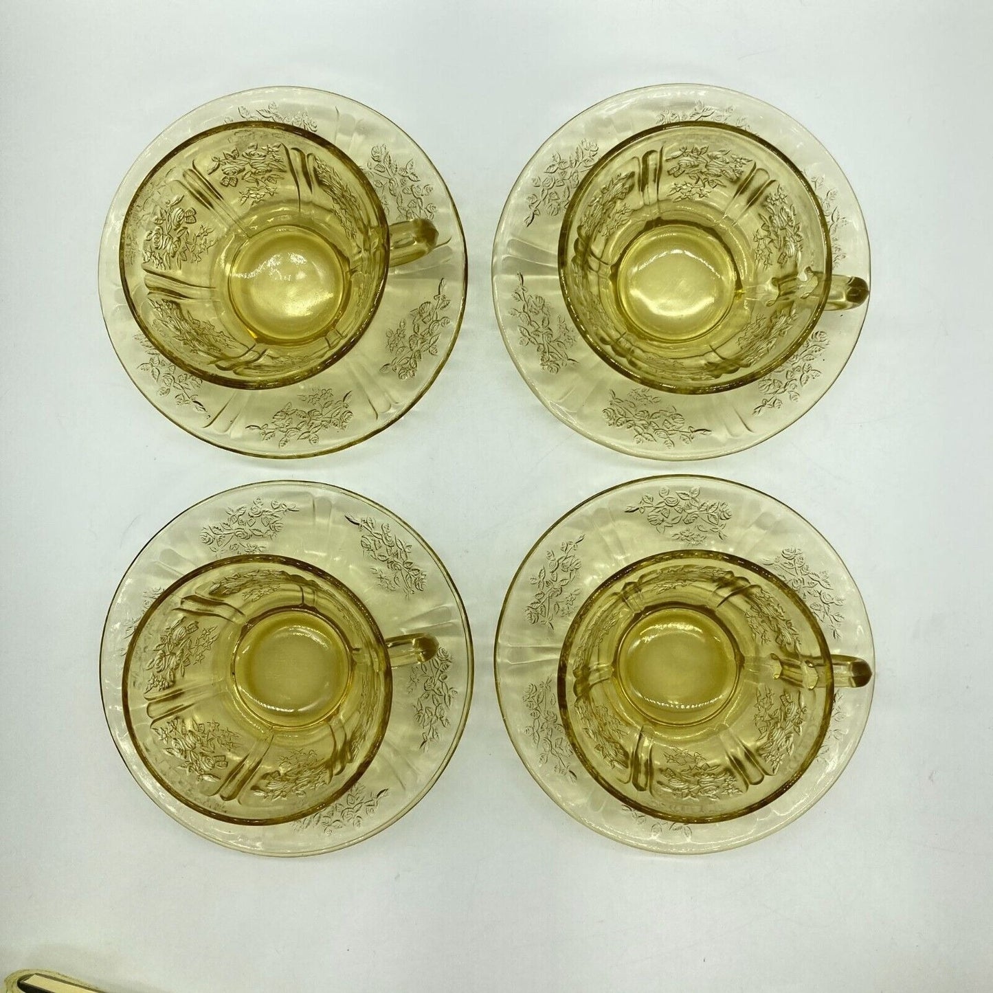 Vintage Federal Glass Cup and Saucers Set of 4 Yellow Depression Glass Cottage
