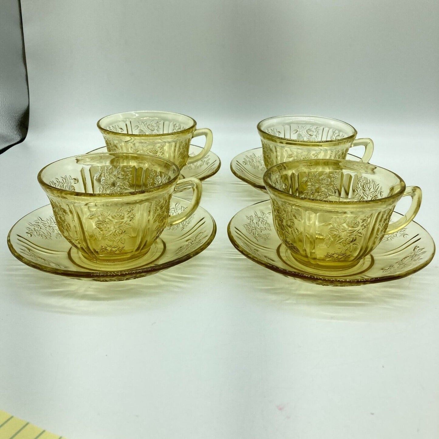 Vintage Federal Glass Cup and Saucers Set of 4 Yellow Depression Glass Cottage