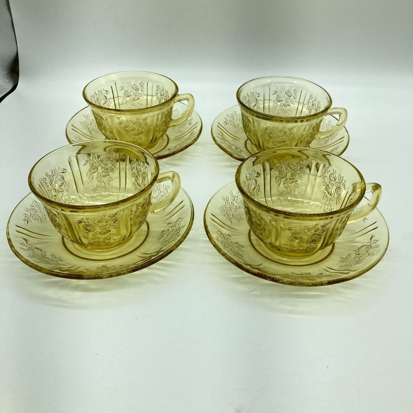 Vintage Federal Glass Cup and Saucers Set of 4 Yellow Depression Glass Cottage