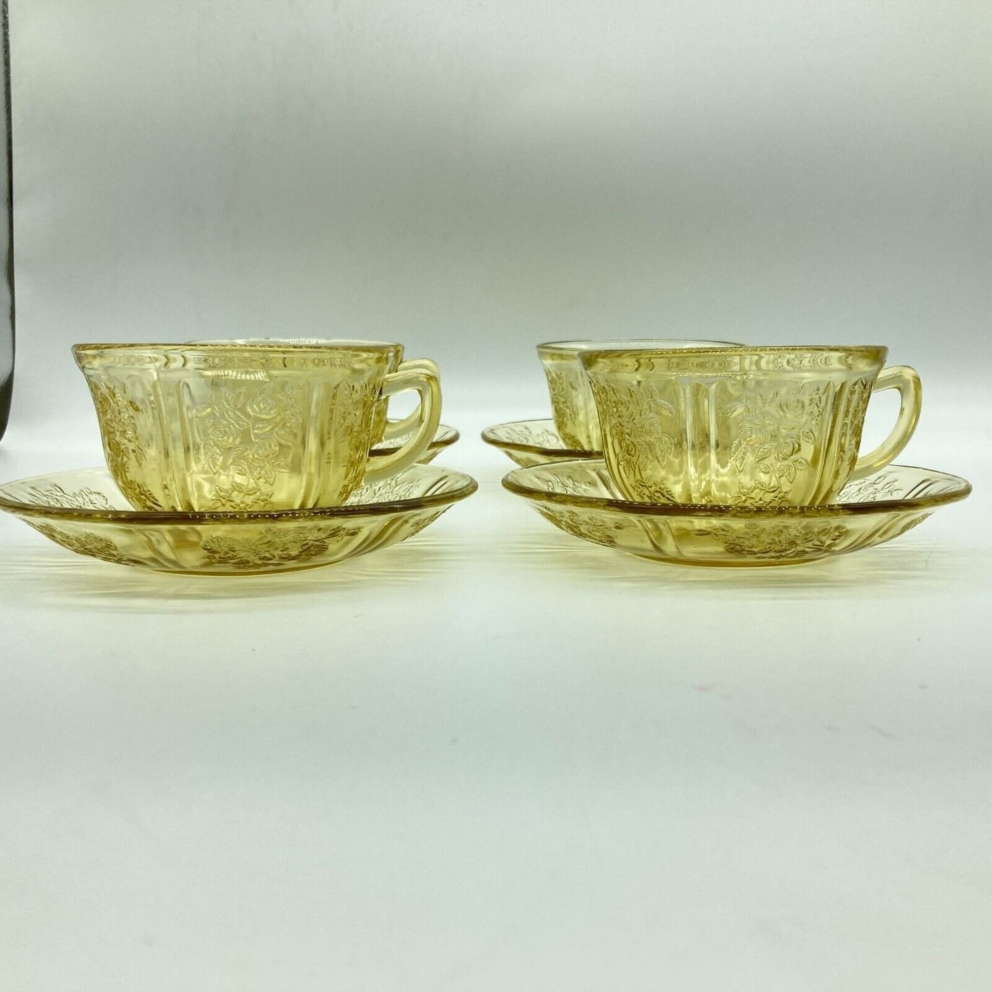 Vintage Federal Glass Cup and Saucers Set of 4 Yellow Depression Glass Cottage