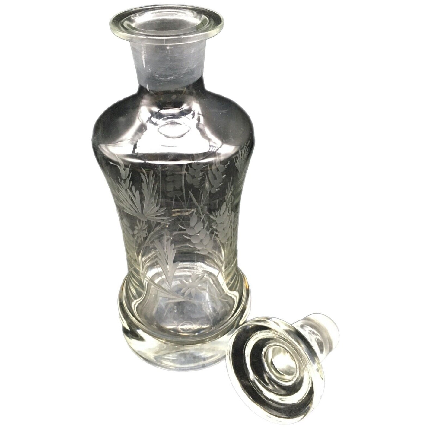 Vintage Barware 11" Decanter Etched Floral Design Clear Glass Original Stopper