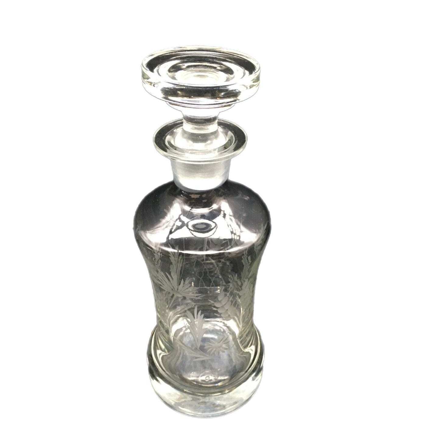 Vintage Barware 11" Decanter Etched Floral Design Clear Glass Original Stopper