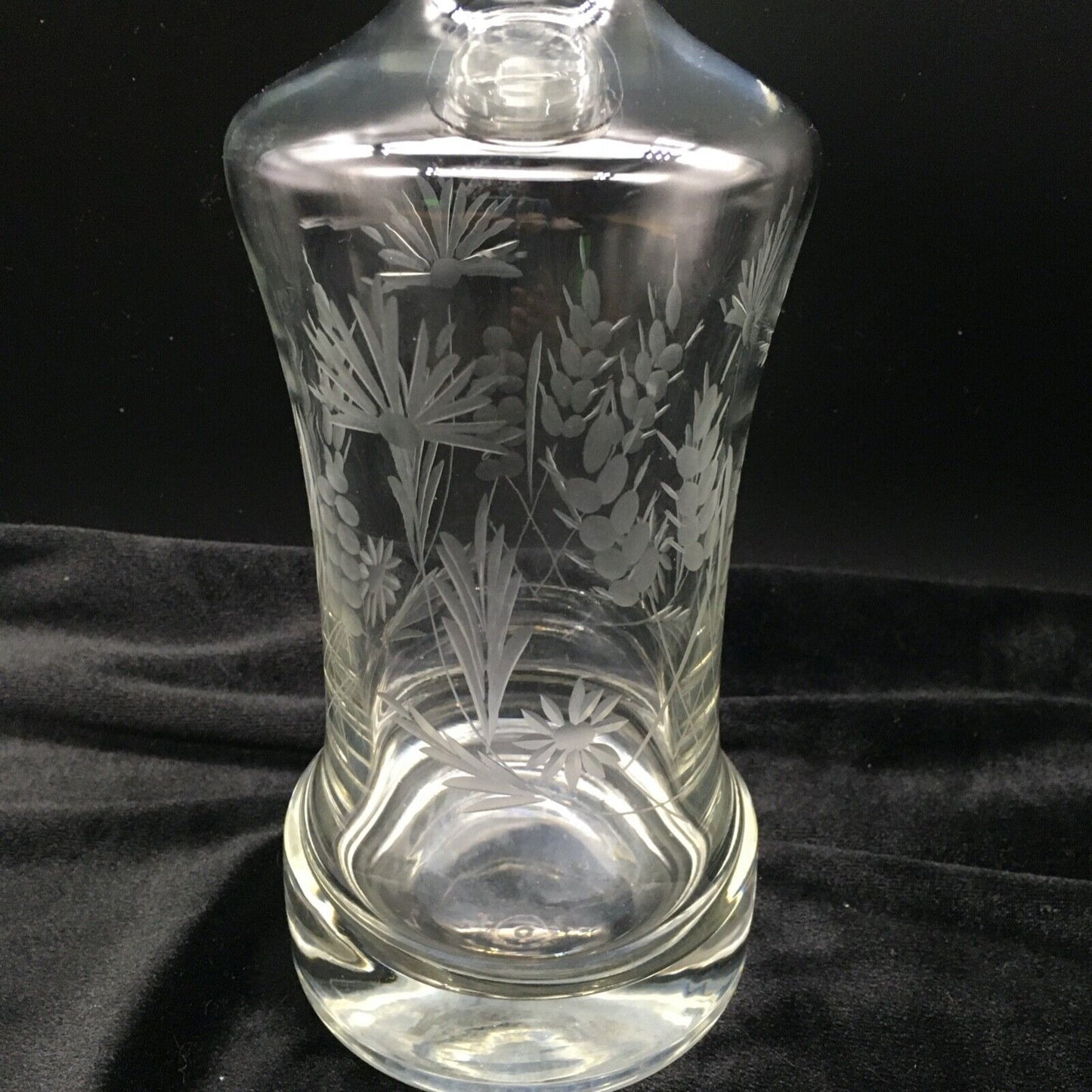 Vintage Barware 11" Decanter Etched Floral Design Clear Glass Original Stopper