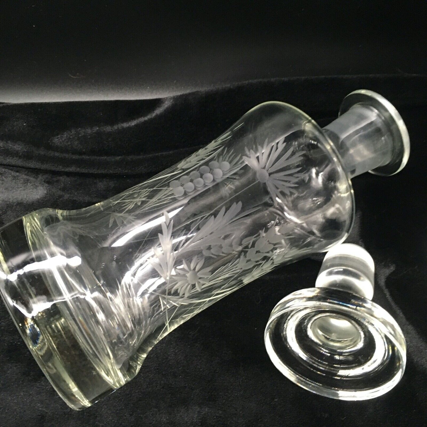 Vintage Barware 11" Decanter Etched Floral Design Clear Glass Original Stopper
