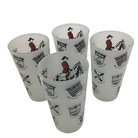 Barware Set of 4 Canadian Royal Mounties Frosted Glass Souvenir of Canada Tumblers