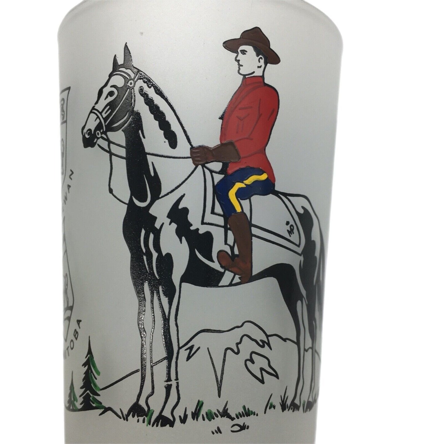 Barware Set of 4 Canadian Royal Mounties Frosted Glass Souvenir of Canada Tumblers