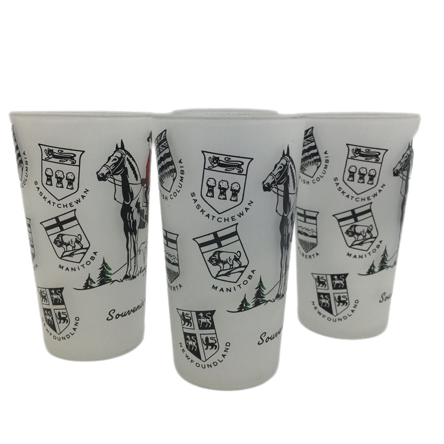 Barware Set of 4 Canadian Royal Mounties Frosted Glass Souvenir of Canada Tumblers