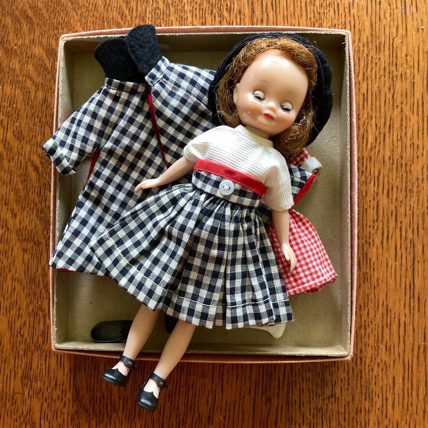 Betsy McCall 8" Fashion Doll With Red Gingham Dress and Black Gingham Outfit VTG