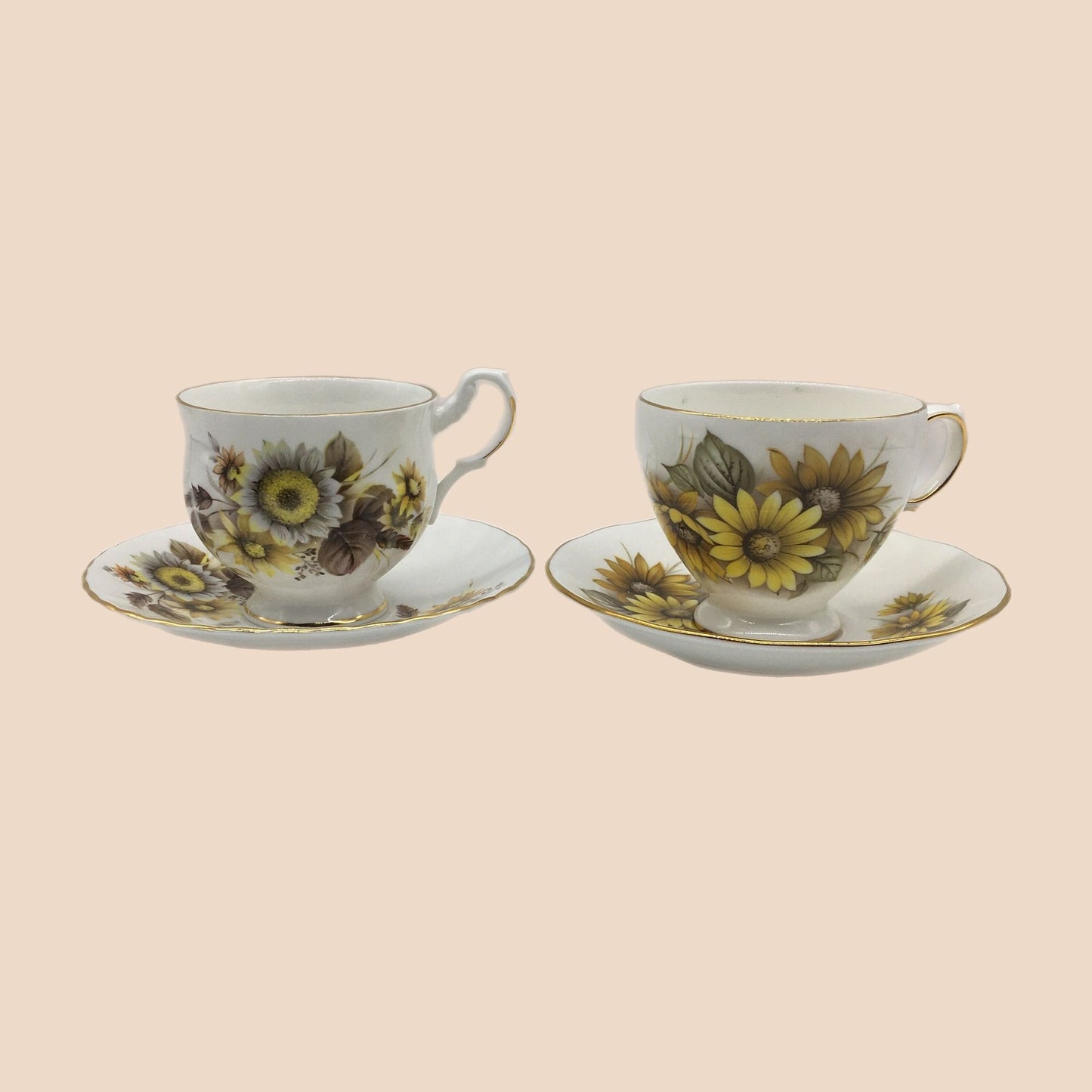 Royal Dover Teacup, Queen Anne Tea Cup, 2 Tea Cups Included, SunflowerTea Cup Saucer Sets, Autumn florals, Vintage Tea Cups, English Teacups
