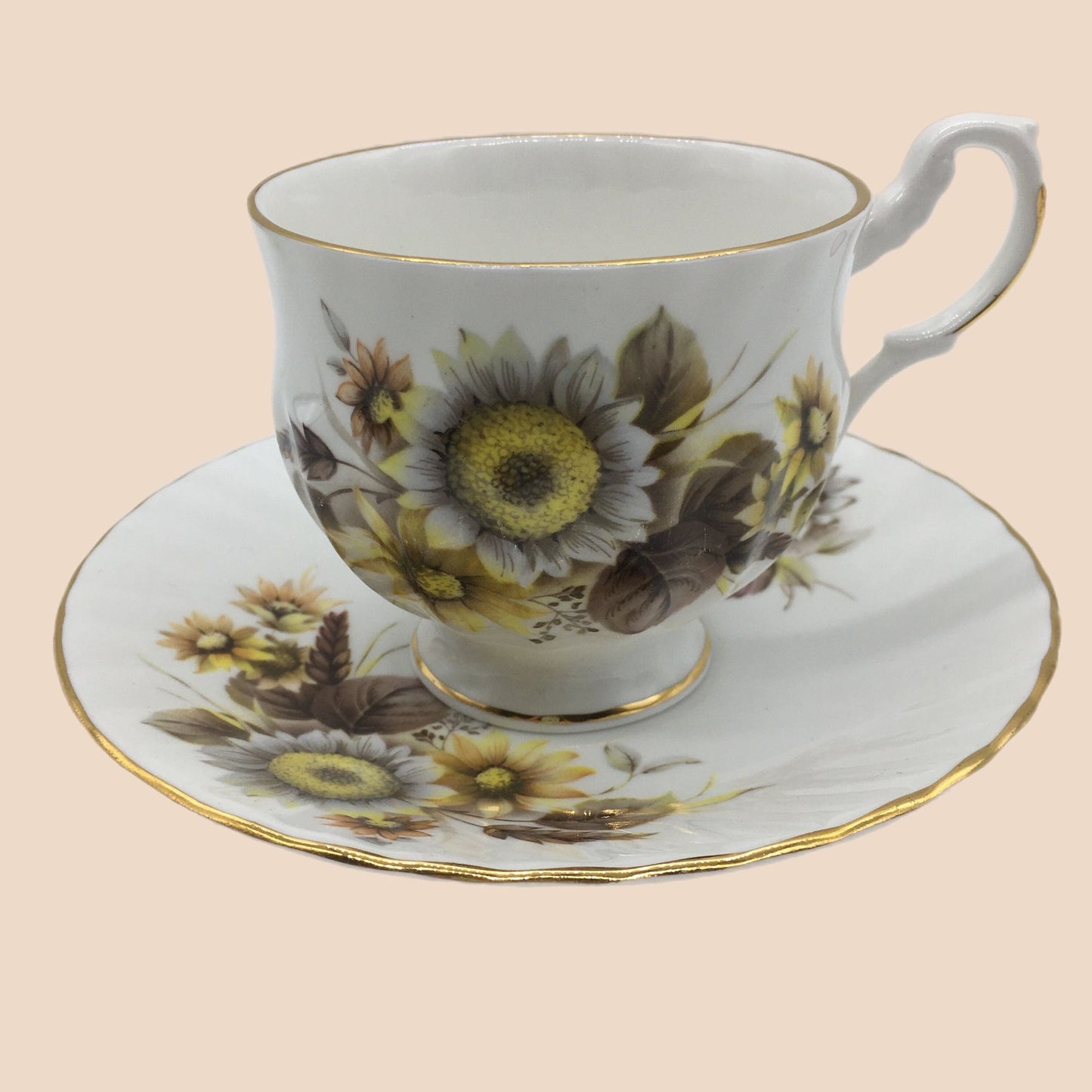 Royal Dover Teacup, Queen Anne Tea Cup, 2 Tea Cups Included, SunflowerTea Cup Saucer Sets, Autumn florals, Vintage Tea Cups, English Teacups