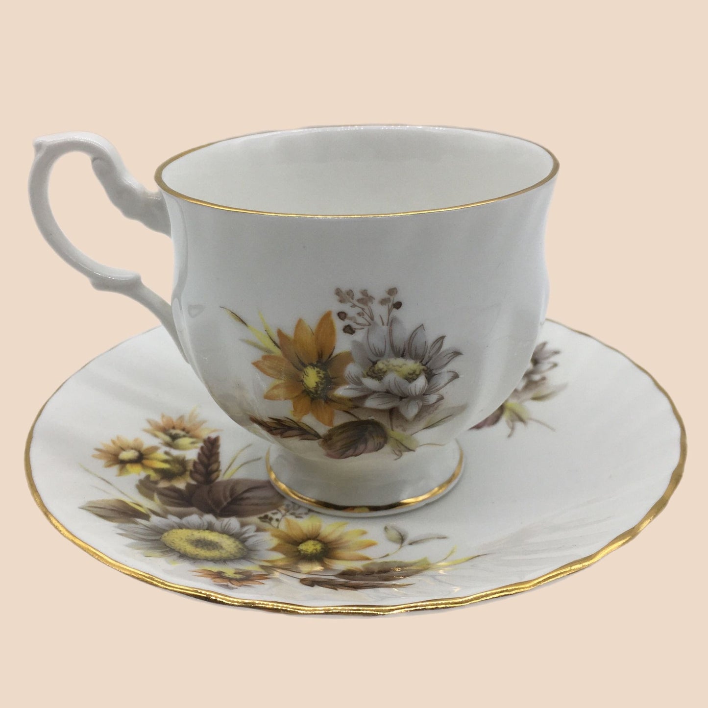 Royal Dover Teacup, Queen Anne Tea Cup, 2 Tea Cups Included, SunflowerTea Cup Saucer Sets, Autumn florals, Vintage Tea Cups, English Teacups