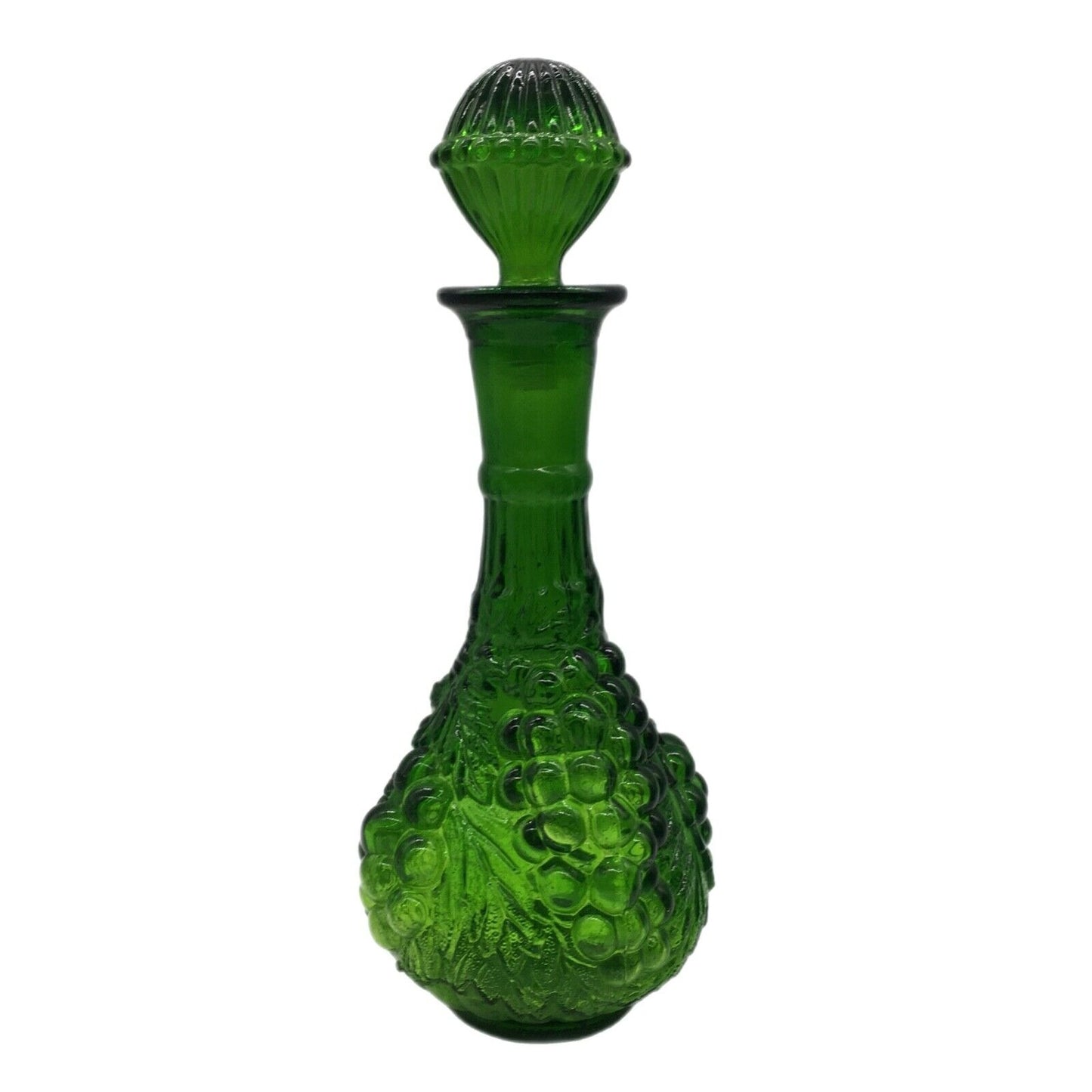 Imperial Emerald Green Glass Grapes Decanter Vintage Dimensional Design Stopper
