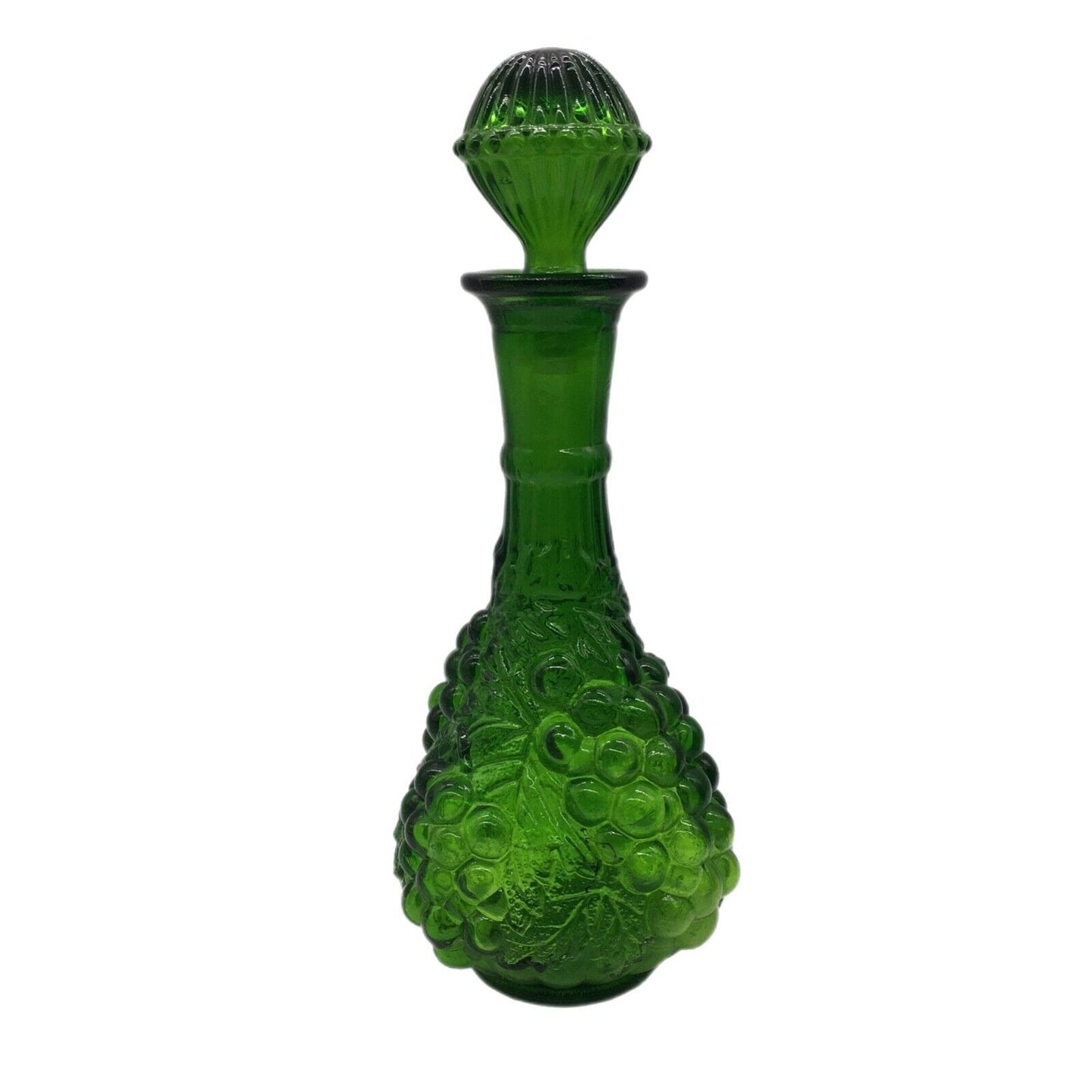 Imperial Emerald Green Glass Grapes Decanter Vintage Dimensional Design Stopper