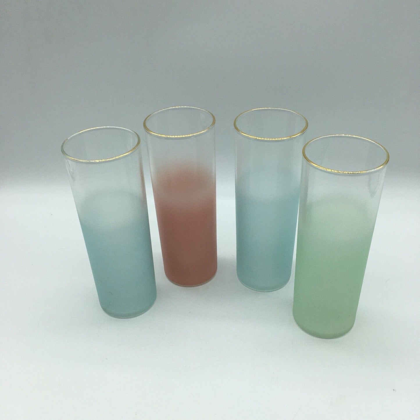 Blendo Pastel Ice Tea High Ball Glasses Set 4 tumblers Gold Trim Summer Vintage