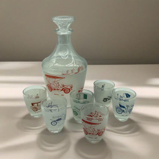 Vintage French Automobile Graphics Decanter Set with 6 Shot Glasses Made in France Barware