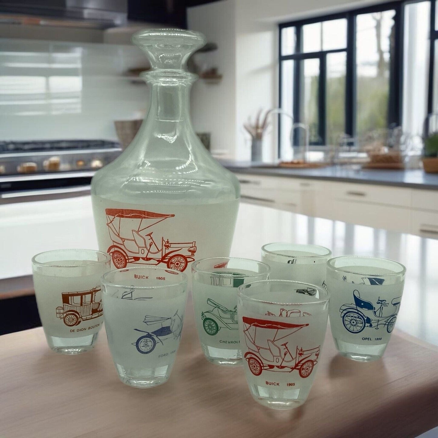Vintage Barware Decanter 6 Shot Glasses Automobile Graphics France Collect Dad