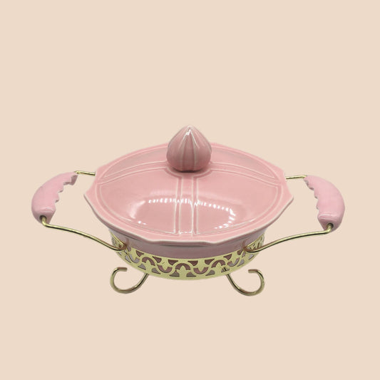 Miramar of Calif. Mid Century Modern Pink Serving Dish, MCM Casserole Dish Covered Casserole, Candle Warming Tray, Miramar of Calif. Brand