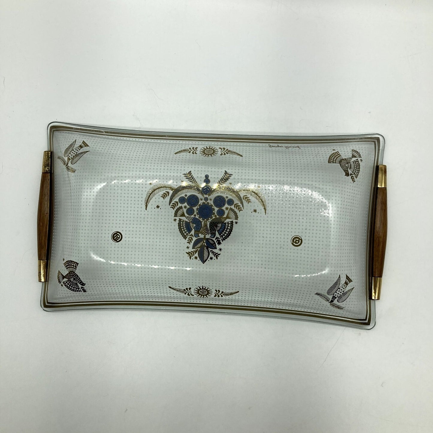 MCM Georges Briard Glass Tray Wooden Handles & 6 Hors d' oeuvres Forks Thailand