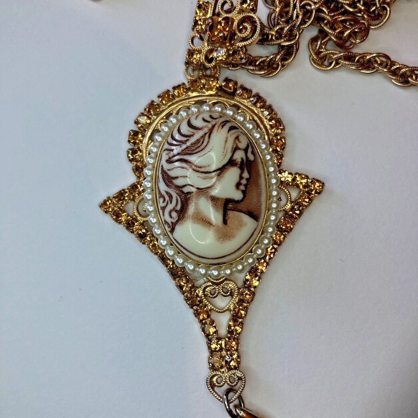Vintage Cameo Rhinestone Rope Chain Necklace Earring Demi-Parure Set Filigree