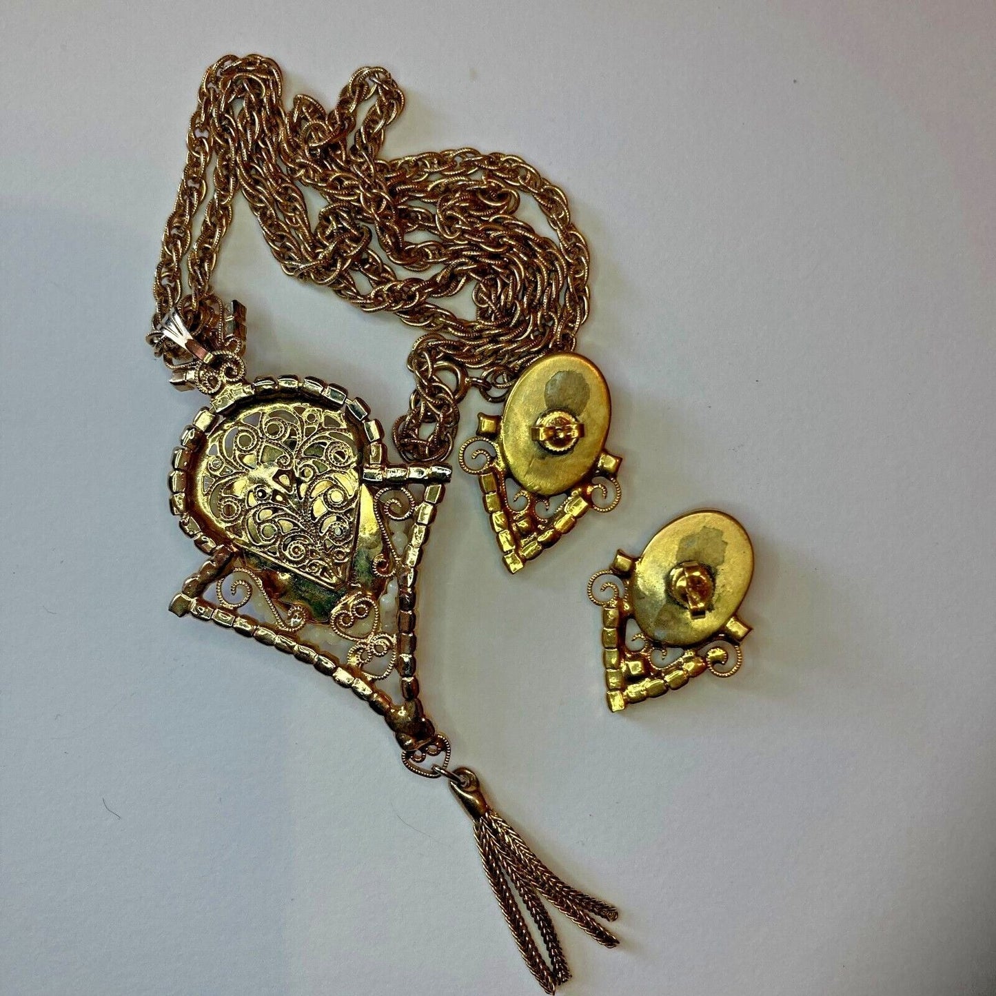 Vintage Cameo Rhinestone Rope Chain Necklace Earring Demi-Parure Set Filigree