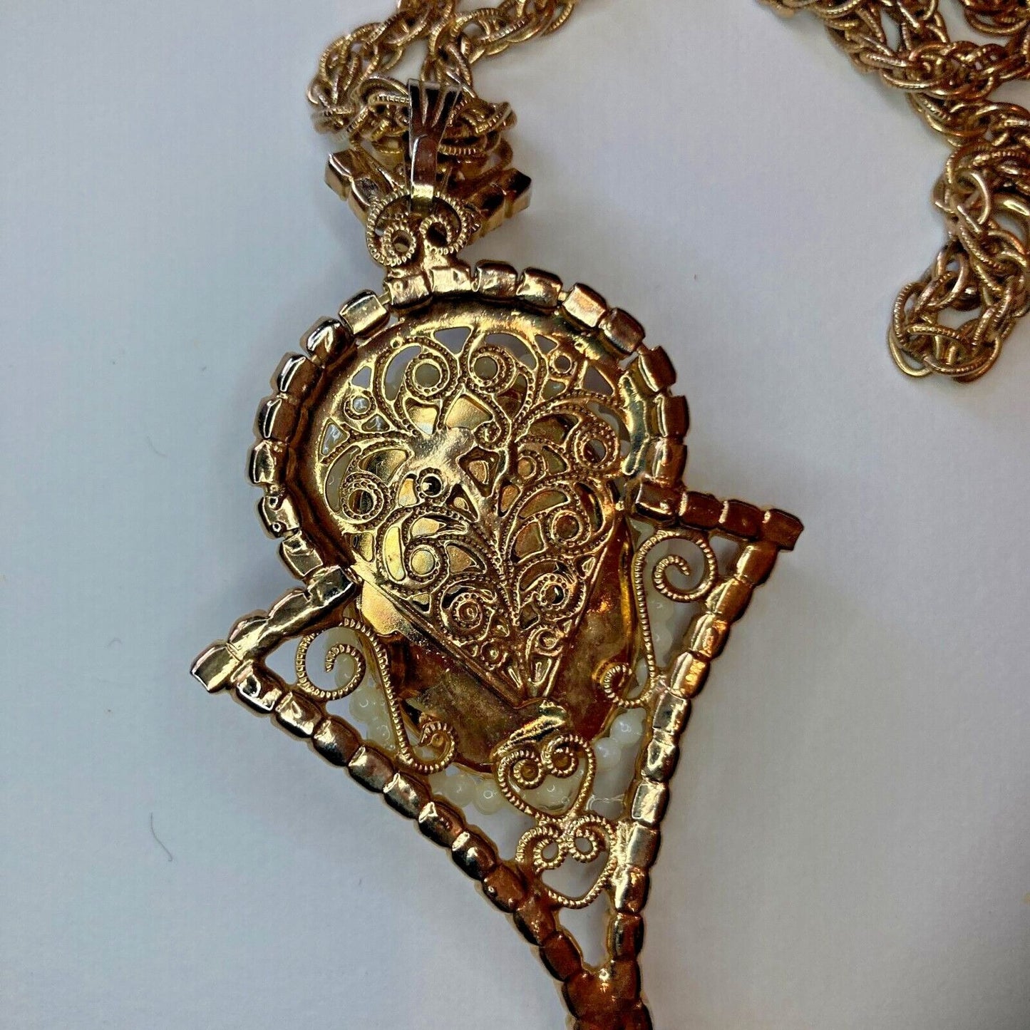 Vintage Cameo Rhinestone Rope Chain Necklace Earring Demi-Parure Set Filigree