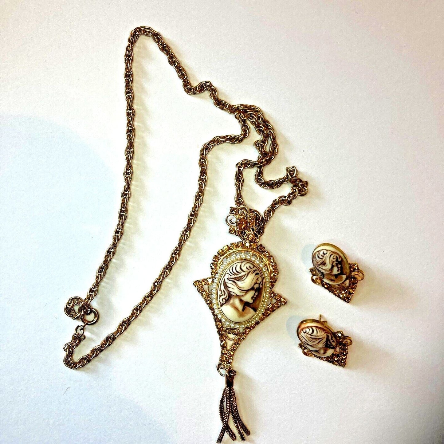 Vintage Cameo Rhinestone Rope Chain Necklace Earring Demi-Parure Set Filigree