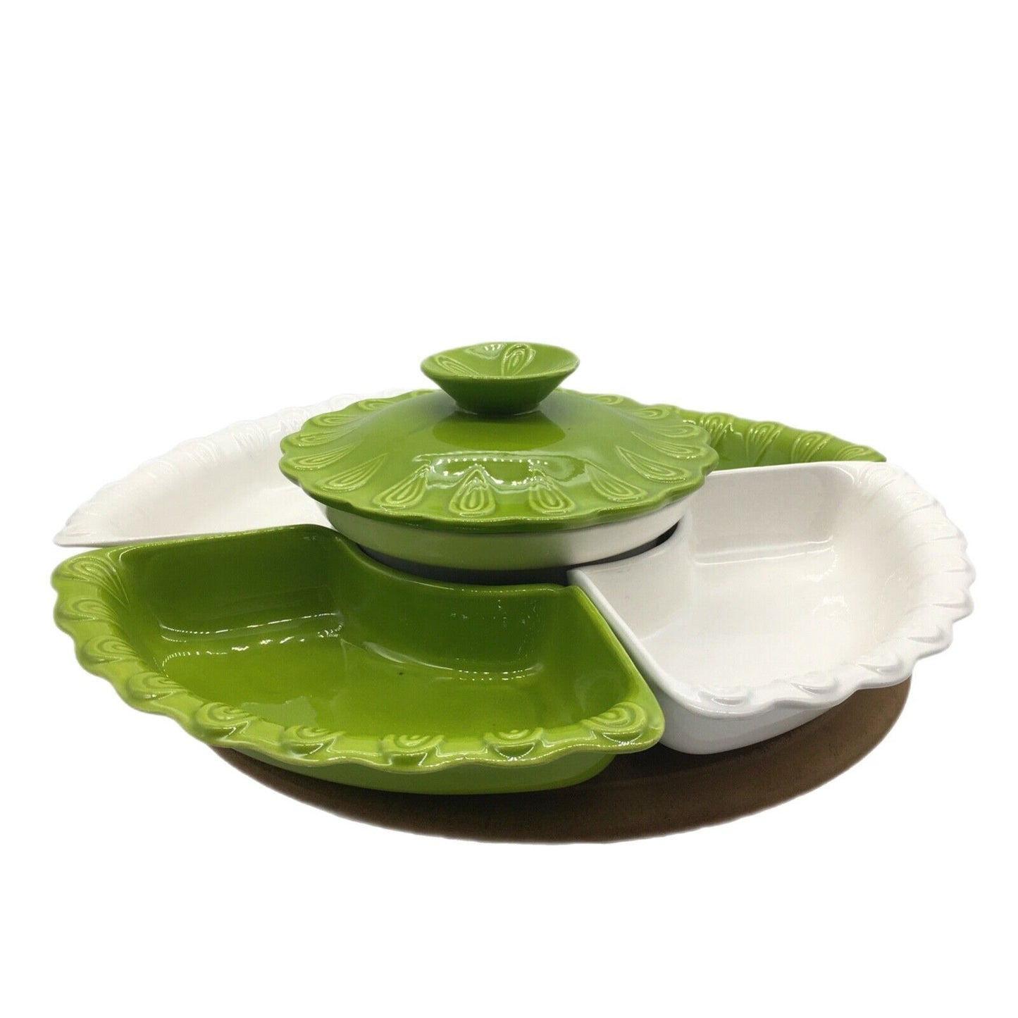 California Pottery Lazy Susan Snack Set Lime Green and White Vintage Lidded Dip