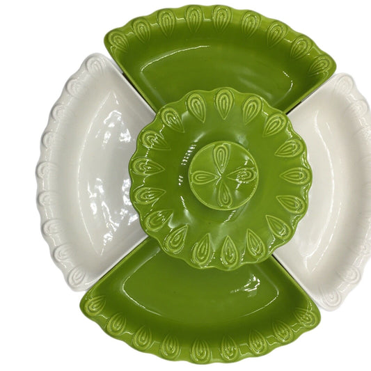 California Pottery Lazy Susan Snack Set Lime Green and White Vintage Lidded Dip