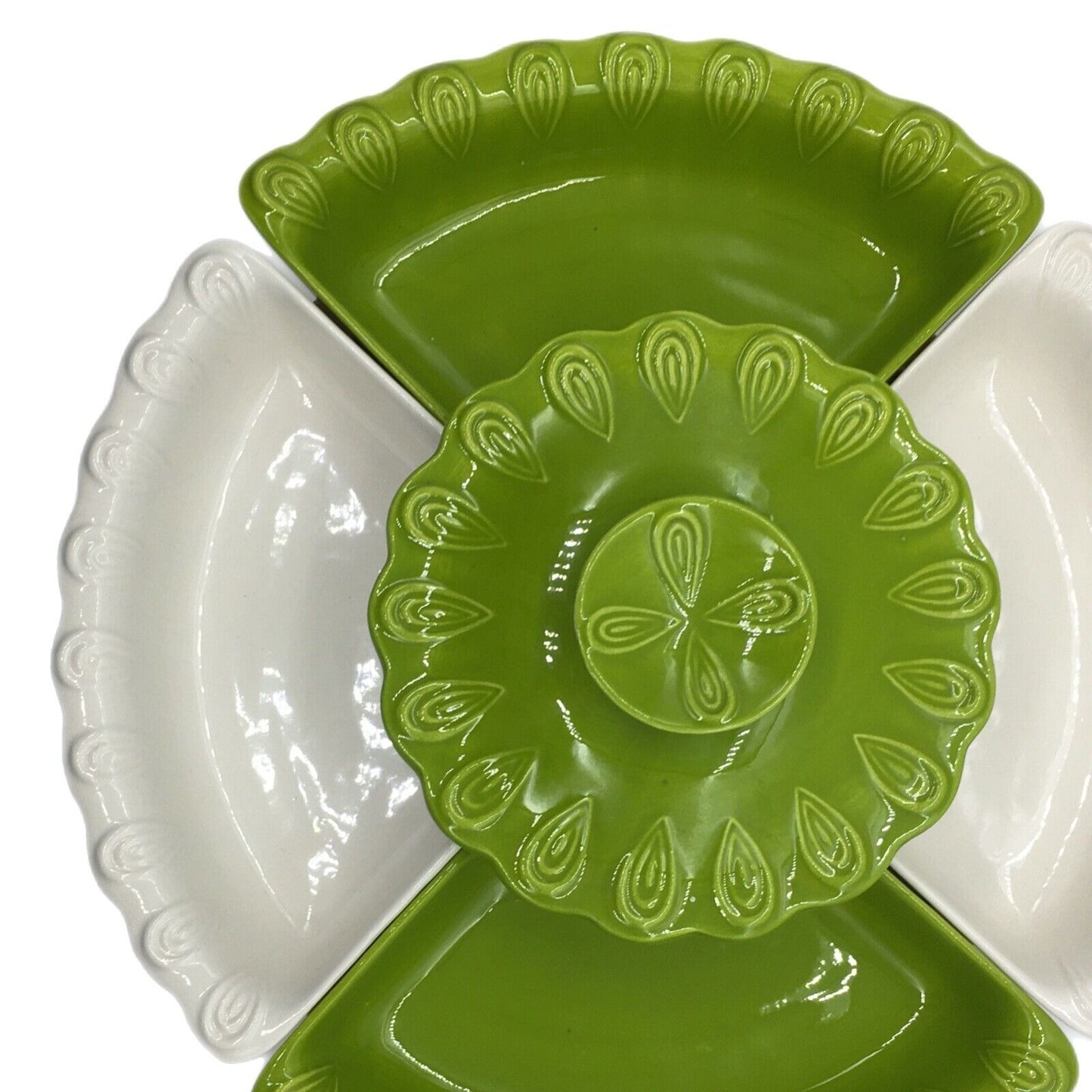 California Pottery Lazy Susan Snack Set Lime Green and White Vintage Lidded Dip