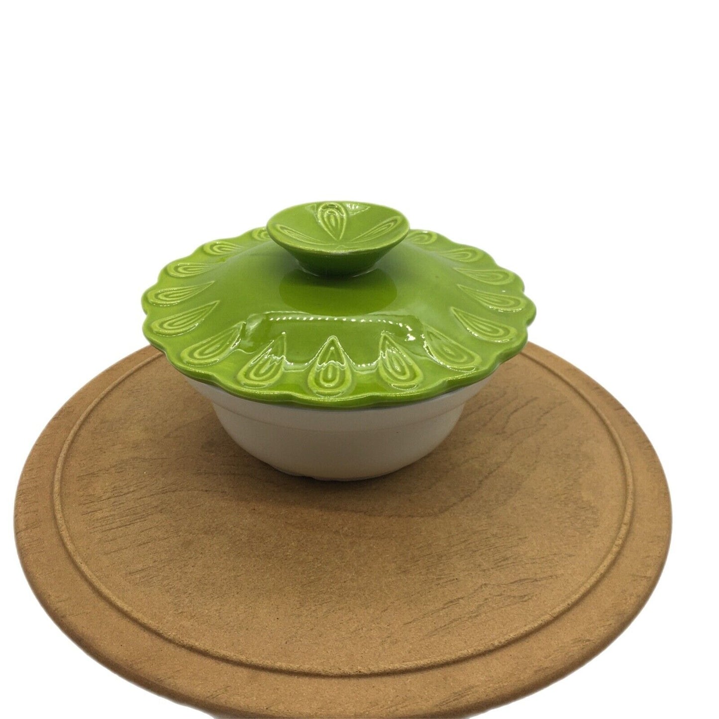 California Pottery Lazy Susan Snack Set Lime Green and White Vintage Lidded Dip
