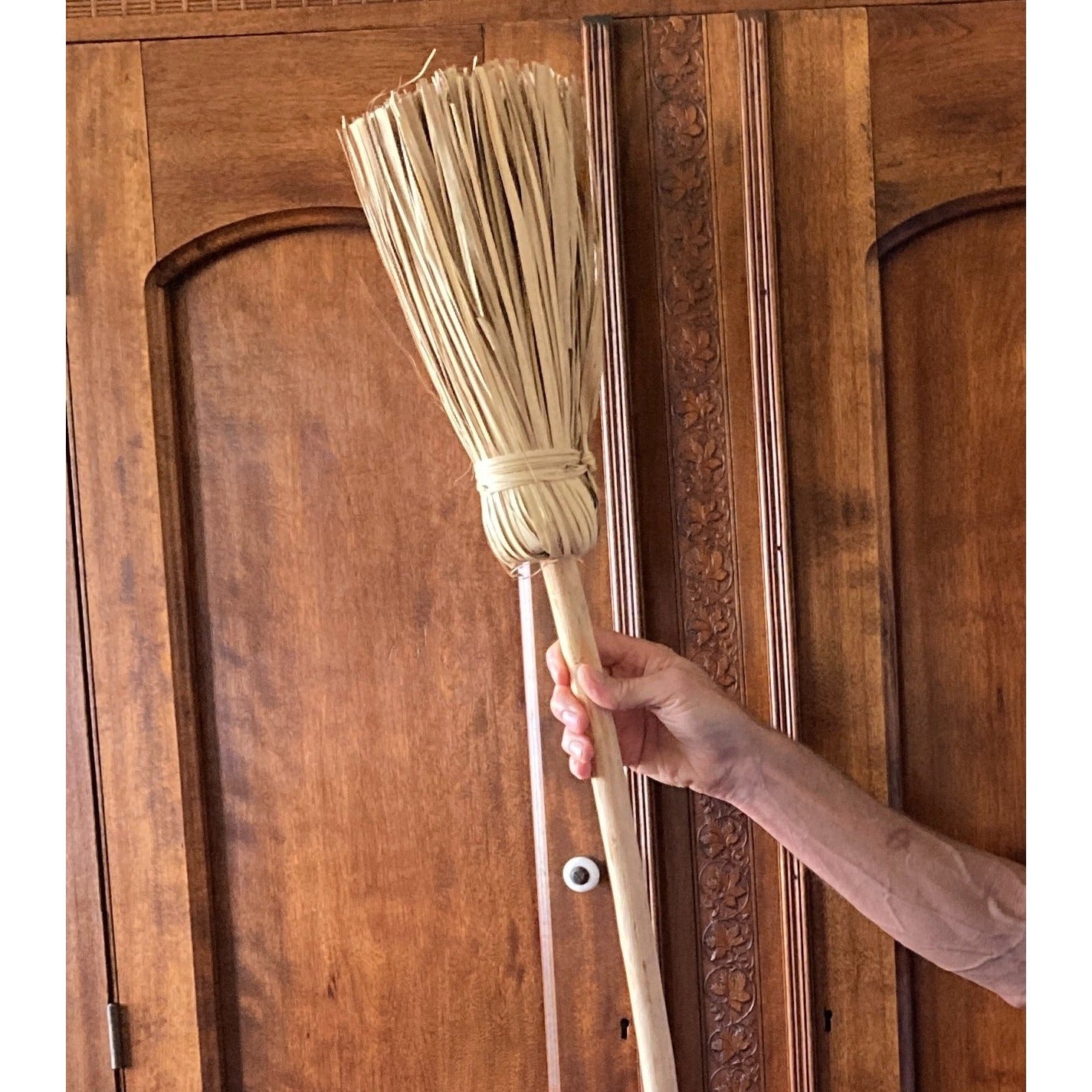 Folk Art Broom Natural Fiber Bristles Wood Handle Handcrafted Halloween Autumn