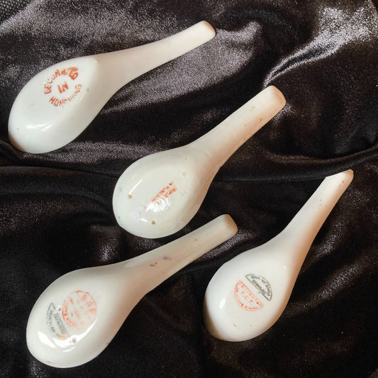 Asian Soup Spoons Lot of 4 Vintage Chinese Dragons Gold Trim Floral Famille Rose