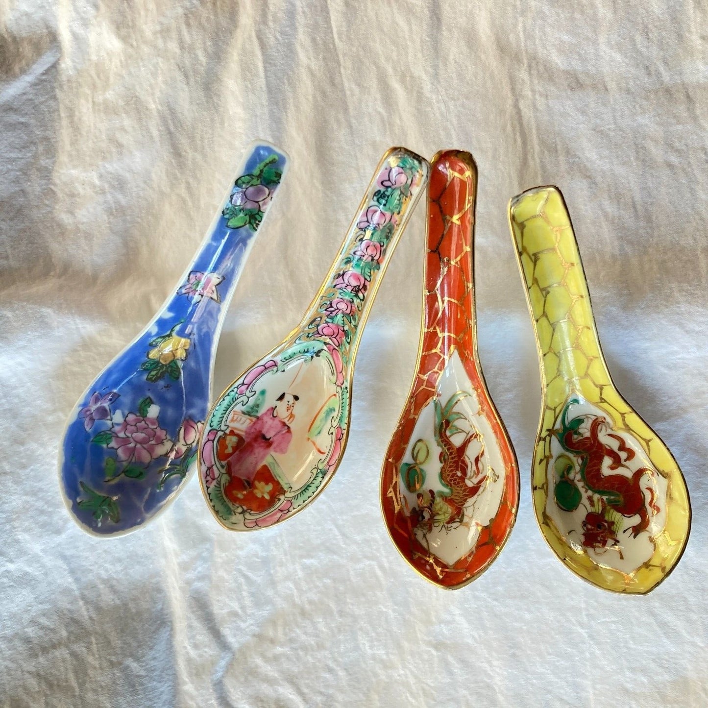 Asian Soup Spoons Lot of 4 Vintage Chinese Dragons Gold Trim Floral Famille Rose