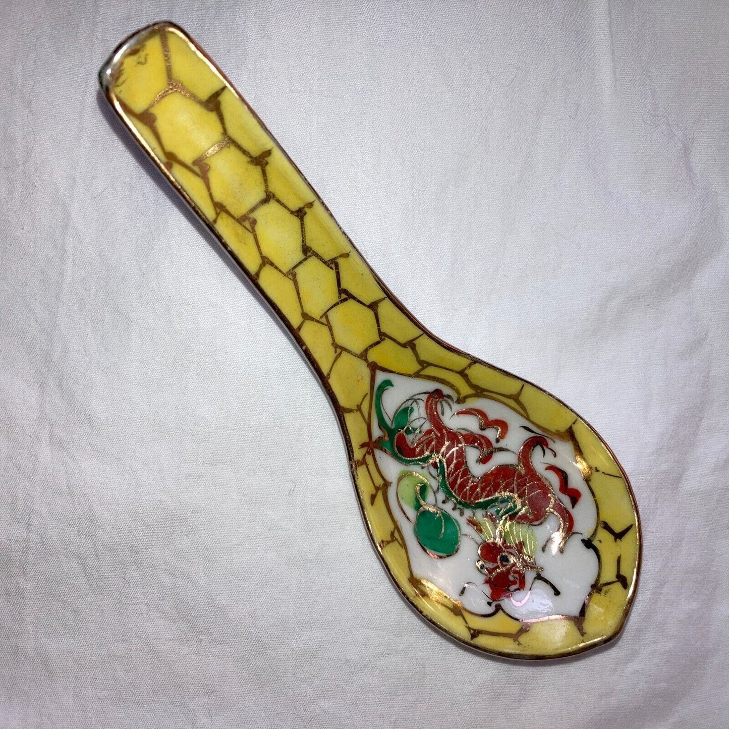 Asian Soup Spoons Lot of 4 Vintage Chinese Dragons Gold Trim Floral Famille Rose