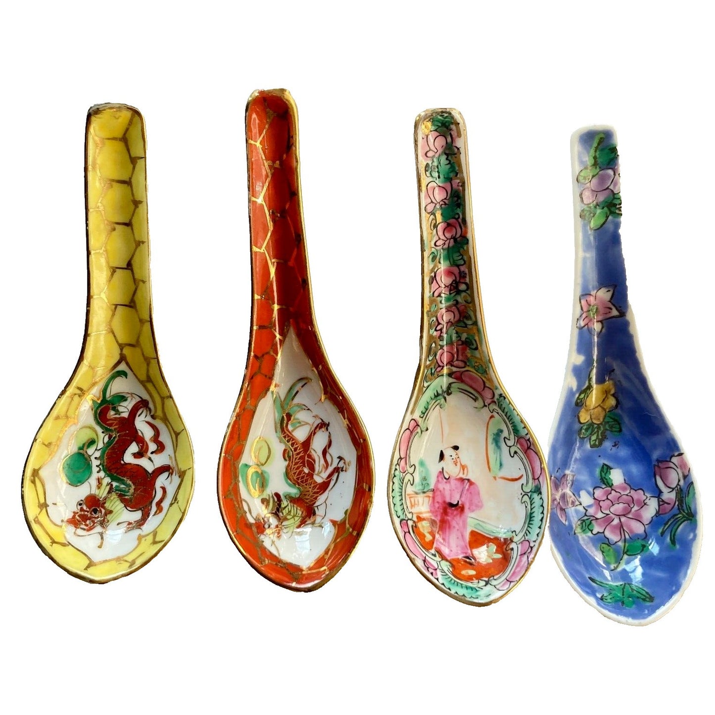 Asian Soup Spoons Lot of 4 Vintage Chinese Dragons Gold Trim Floral Famille Rose