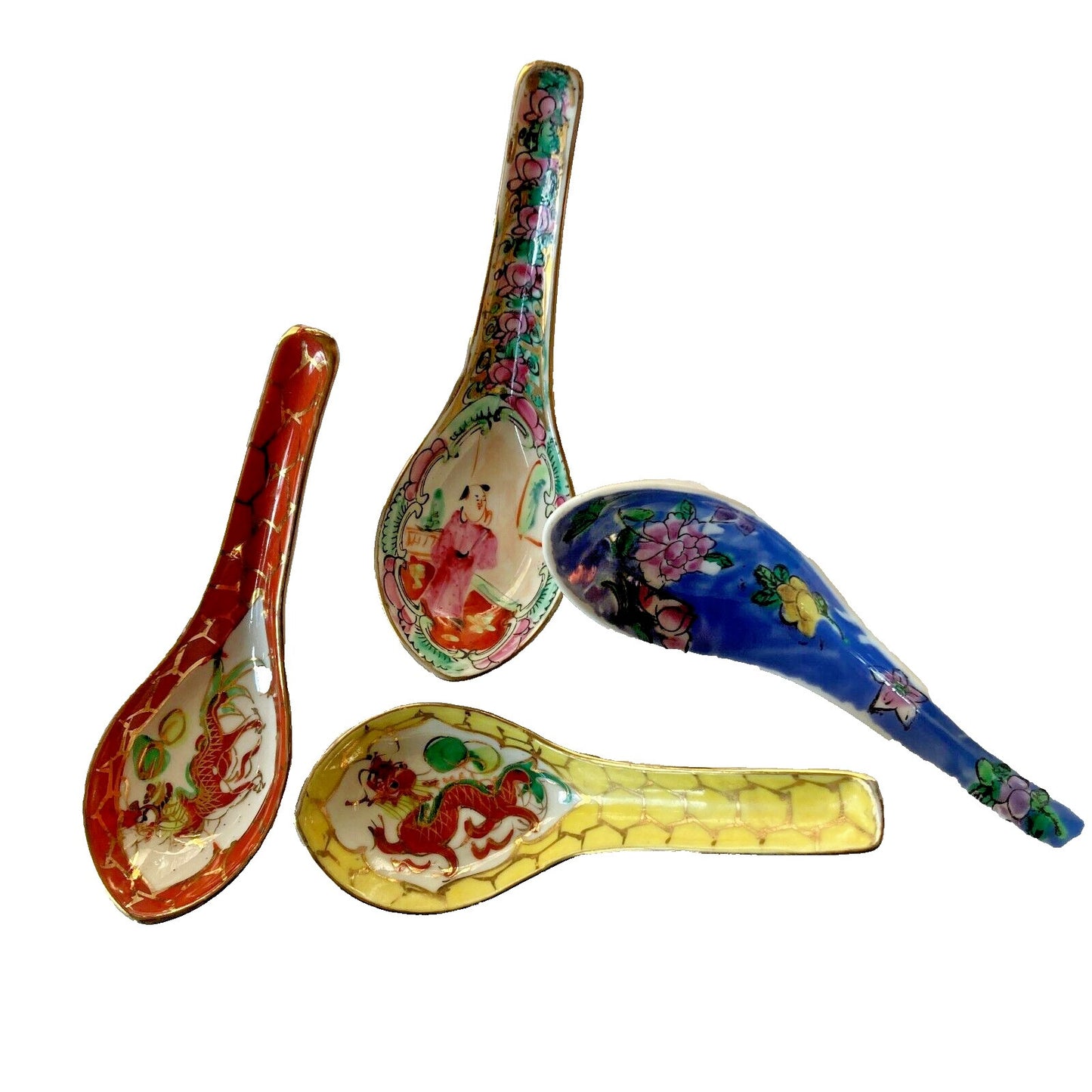 Asian Soup Spoons Lot of 4 Vintage Chinese Dragons Gold Trim Floral Famille Rose