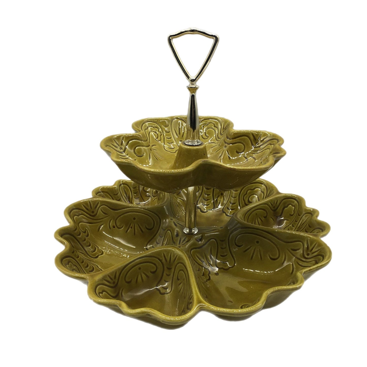 Maddux of California Double Tier Serving Tray, Vintage Maddux of Cali, Ceramic SnackTrays, MCM Avocado Green Trays, Tidbit Relish Trays