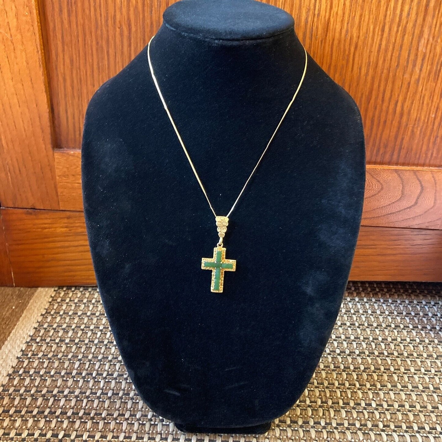 Italian 10K Gold Emerald Cross Italy with a Herringbone Balestra Chain Italy 585