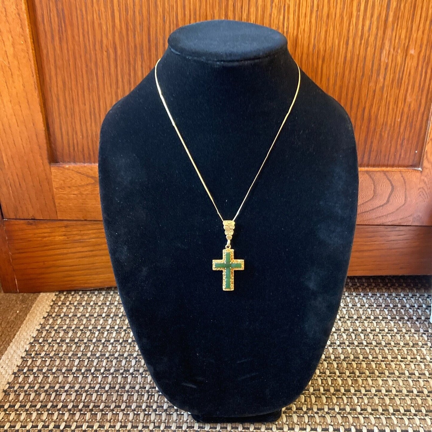 Italian 10K Gold Emerald Cross Italy with a Herringbone Balestra Chain Italy 585