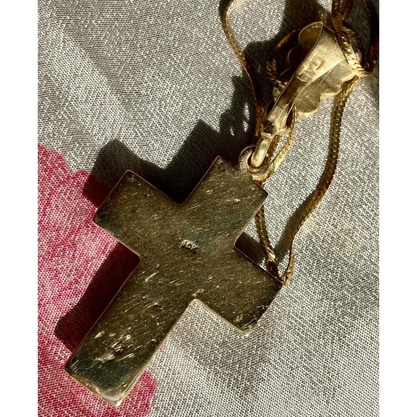 Italian 10K Gold Emerald Cross Italy with a Herringbone Balestra Chain Italy 585
