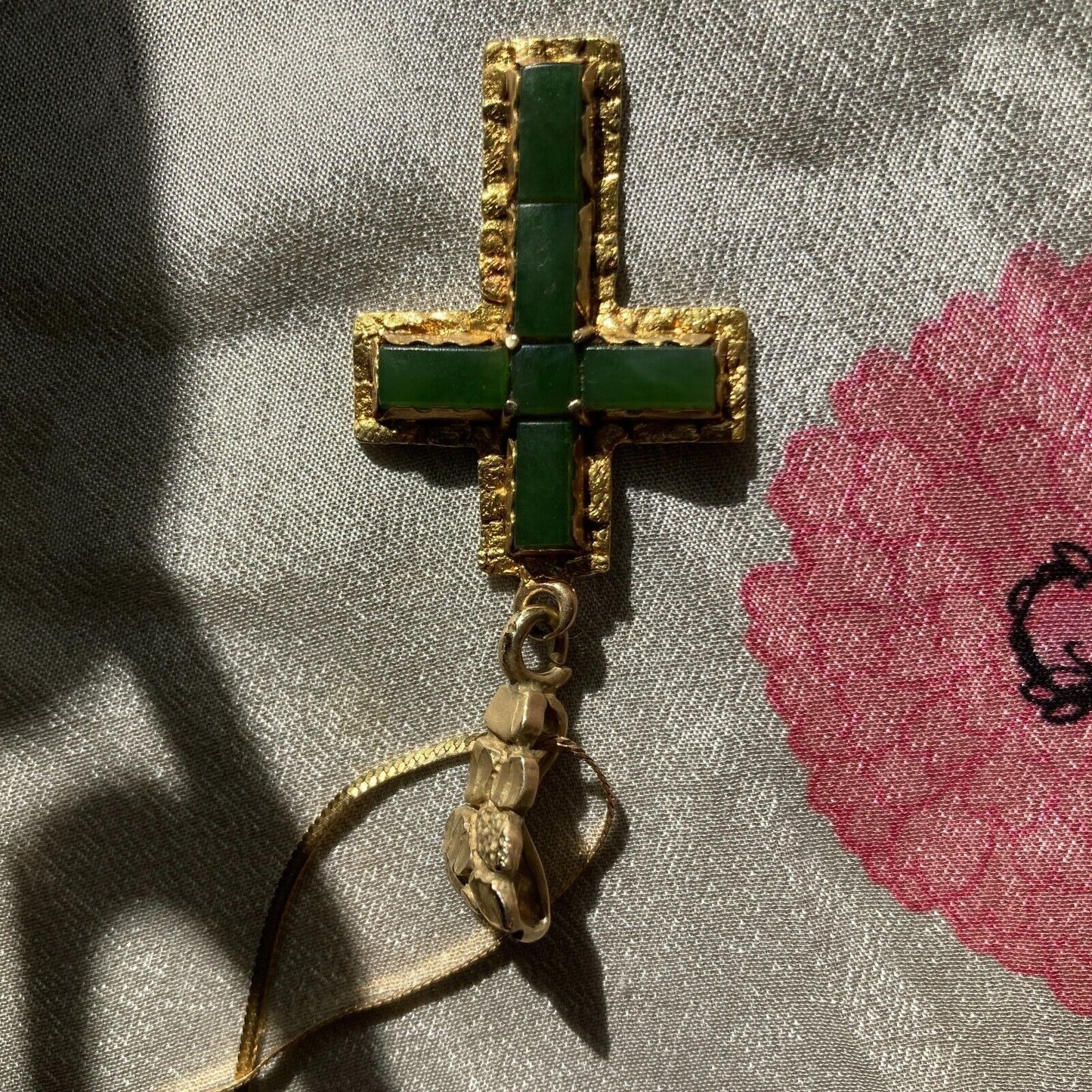 Italian 10K Gold Emerald Cross Italy with a Herringbone Balestra Chain Italy 585