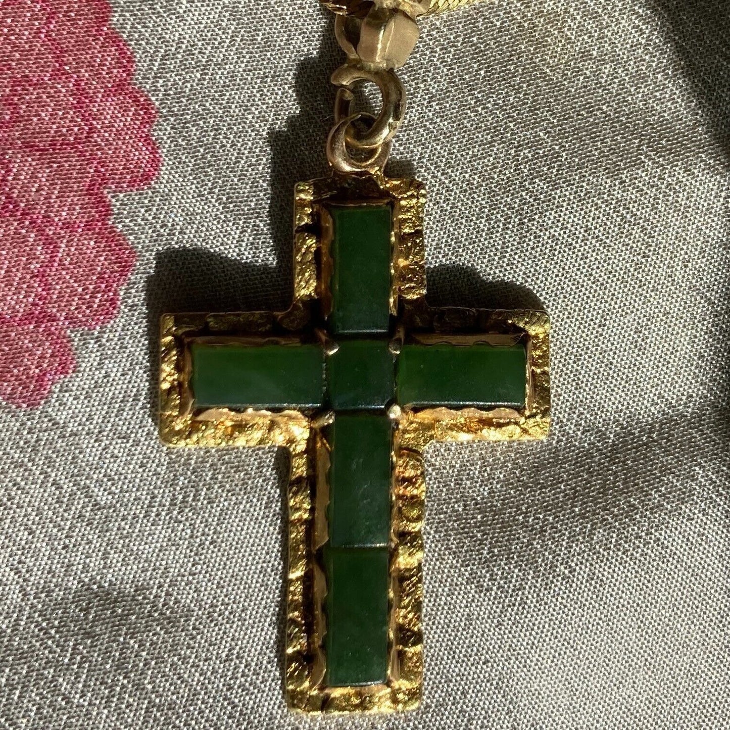 Italian 10K Gold Emerald Cross Italy with a Herringbone Balestra Chain Italy 585
