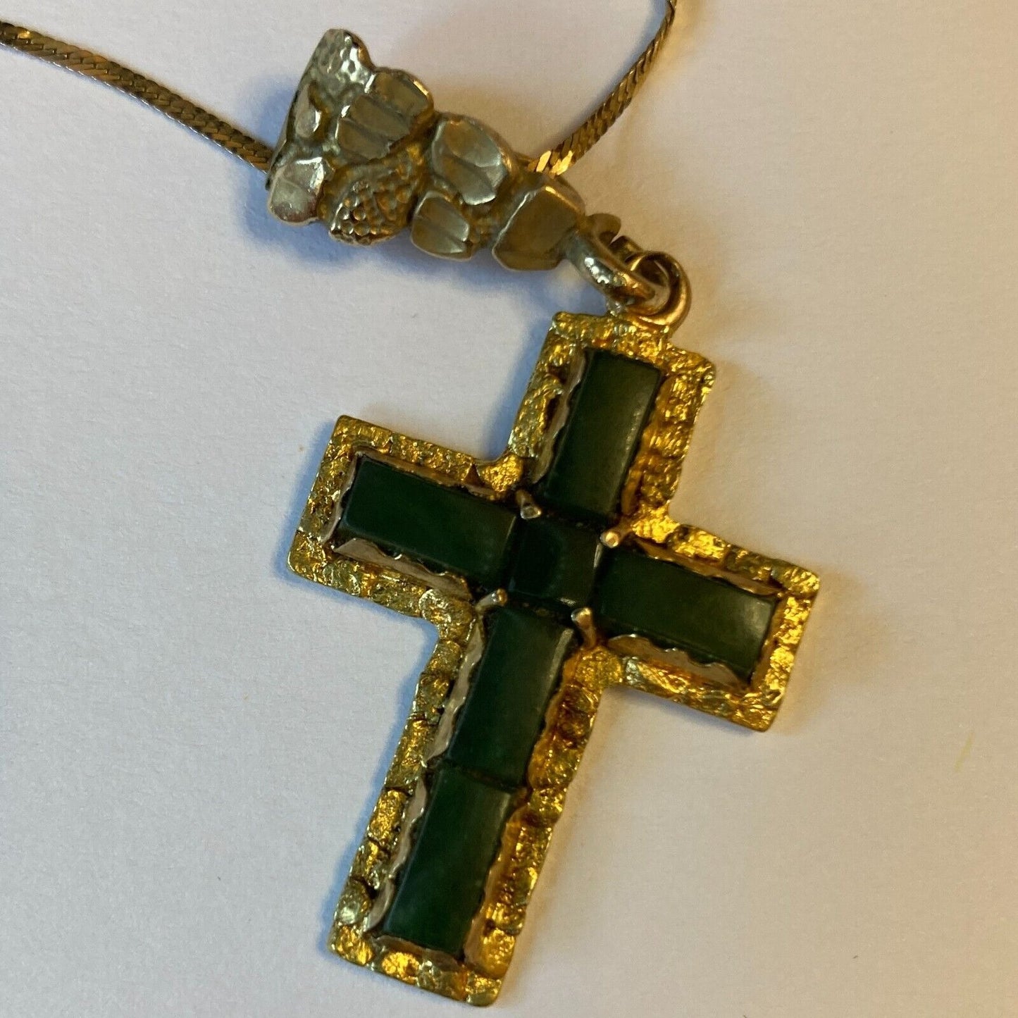 Italian 10K Gold Emerald Cross Italy with a Herringbone Balestra Chain Italy 585