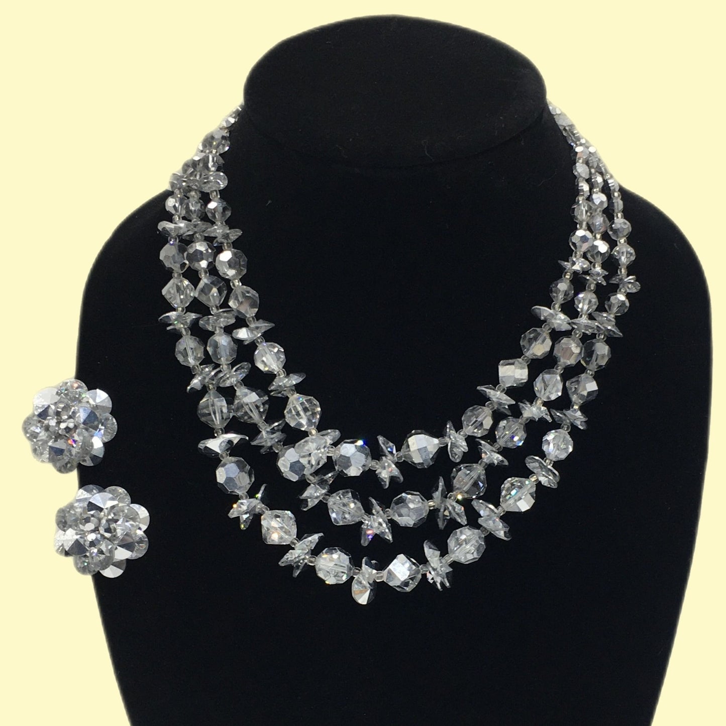 Vintage Vendome Costume Jewelry, Multi Strand Faceted Glass Bead Necklace and Clip on Earring Set