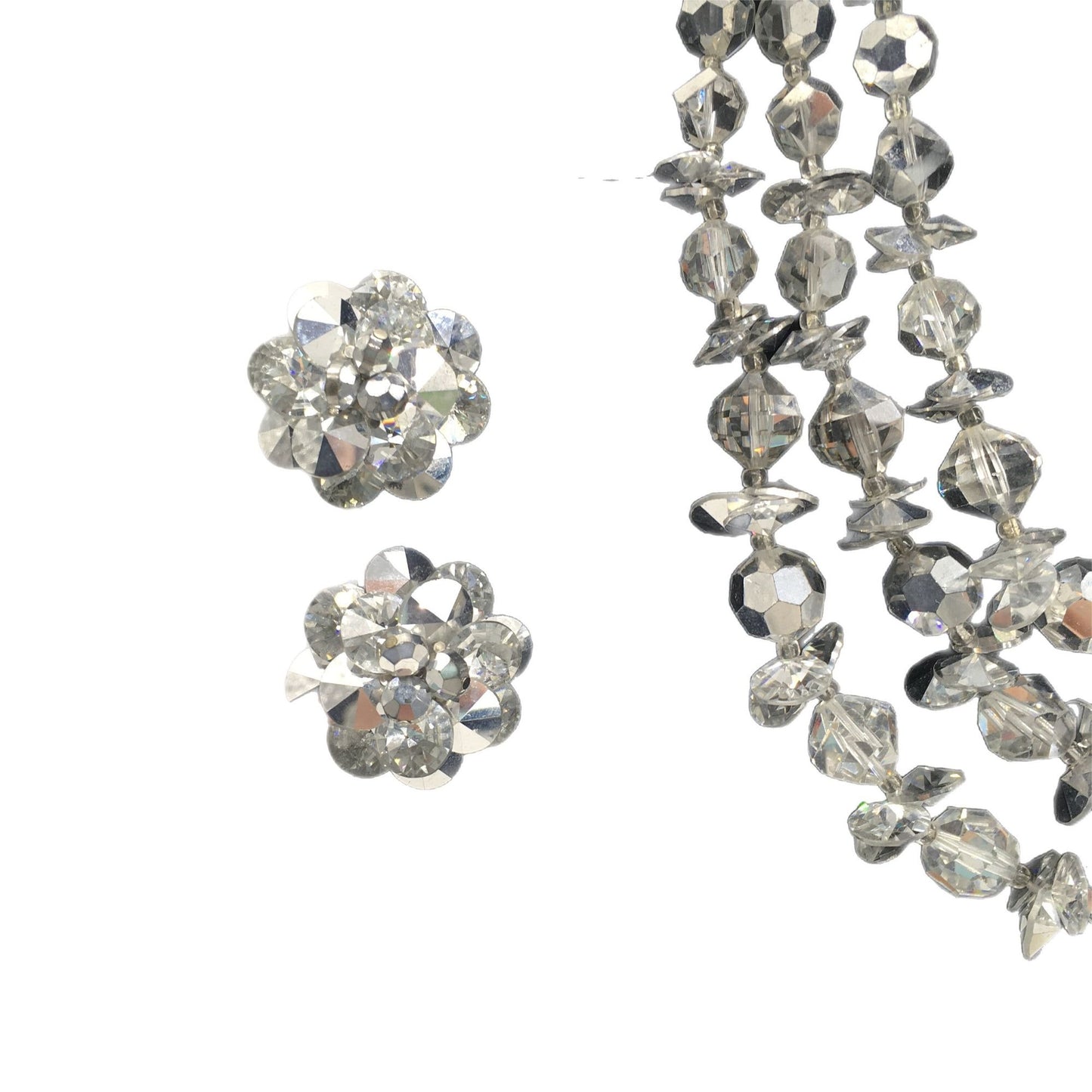 Vintage Vendome Costume Jewelry, Multi Strand Faceted Glass Bead Necklace and Clip on Earring Set