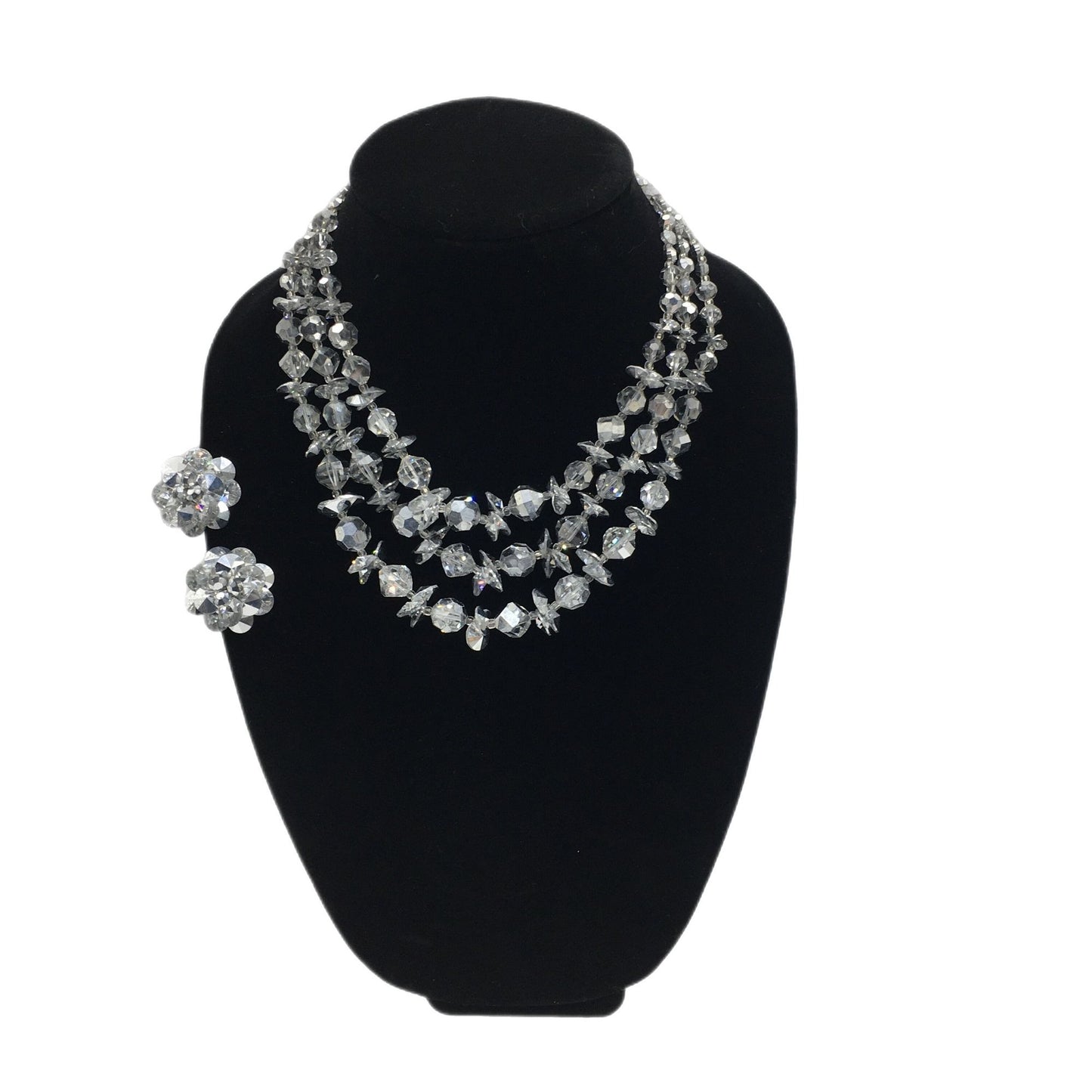 Vintage Vendome Costume Jewelry, Multi Strand Faceted Glass Bead Necklace and Clip on Earring Set