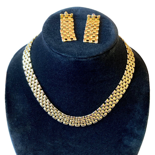Vintage 18" Necklace Post Earring Set Wide Brick Work Chain Gold Tone Unbranded