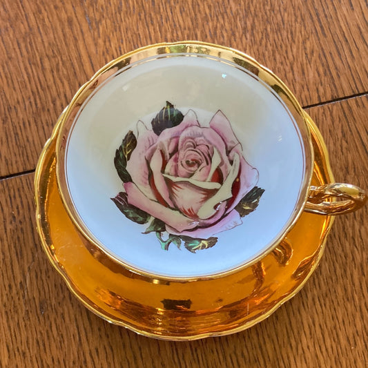 Taylor Kent English Tea Cup Saucer 22k Gold Exterior Pink Rose Cup Interior VTG