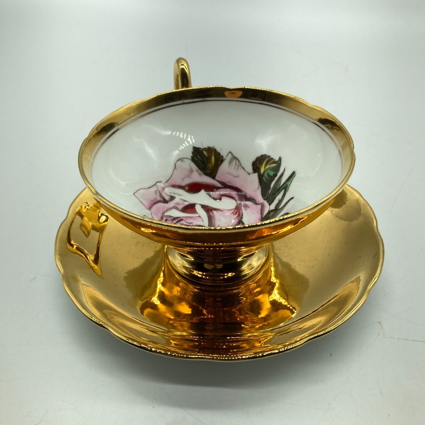 Taylor Kent English Tea Cup Saucer 22k Gold Exterior Pink Rose Cup Interior VTG