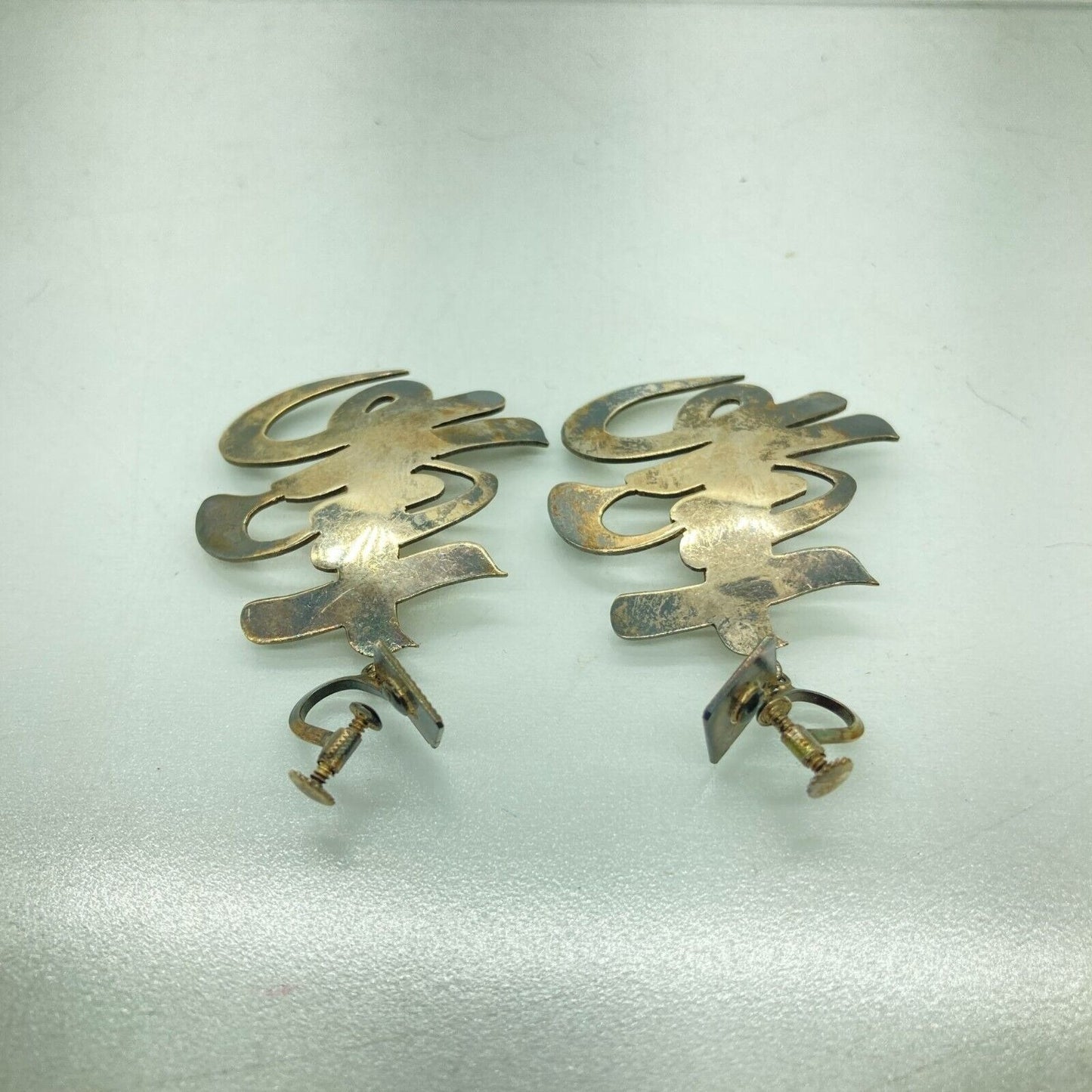 VTG Asian Character 950 Purity Silver Screw Back Earrings Original Hinged Box